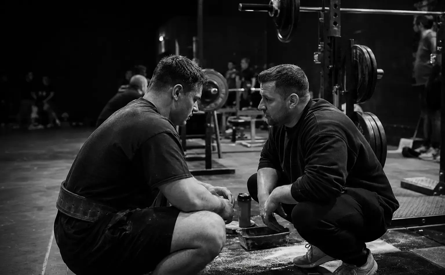 A powerlifting coach supporting a lifter in a competition warm-up area