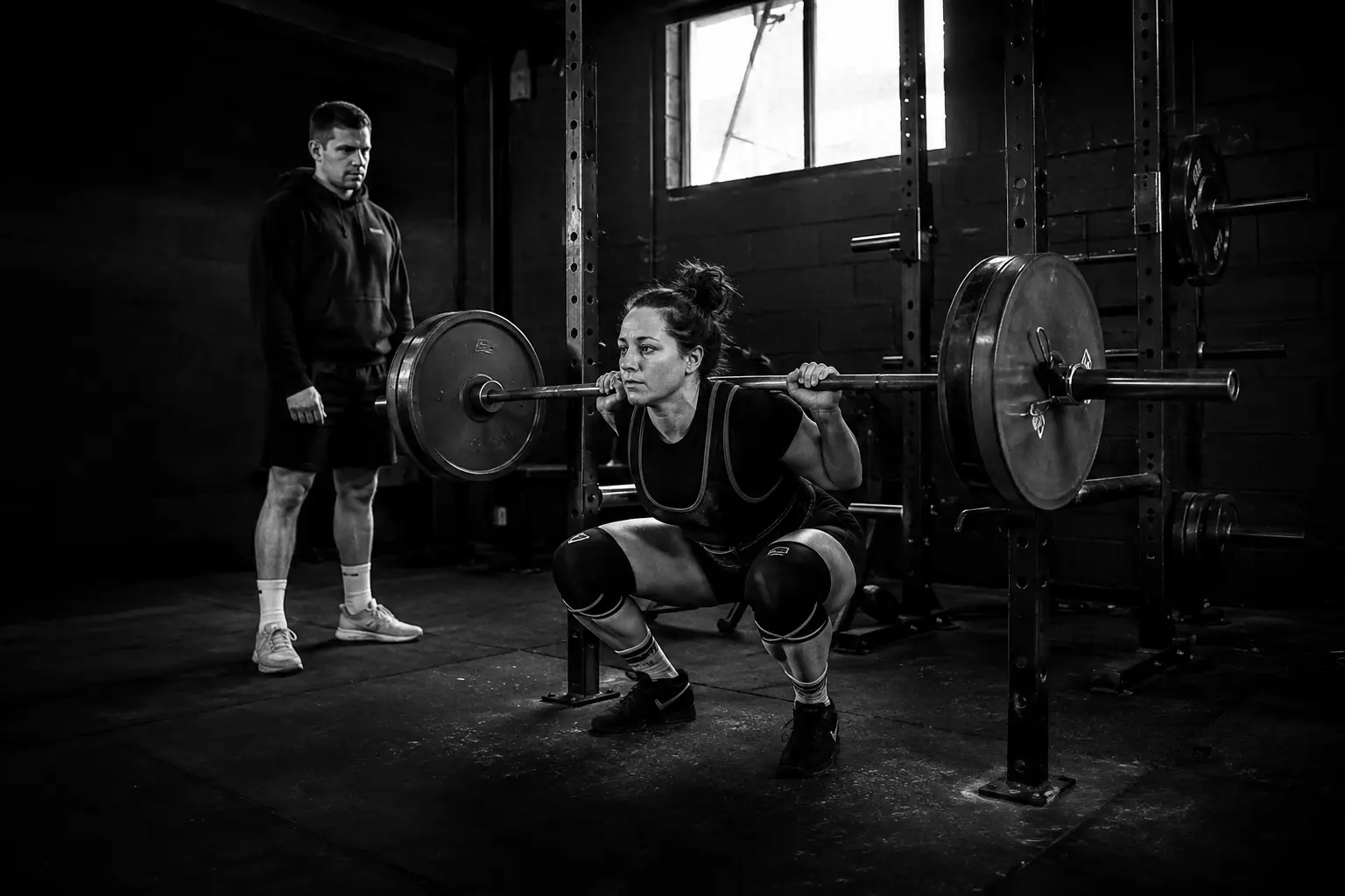 A powerlifter completing a squat while her coach observes from a safe distance