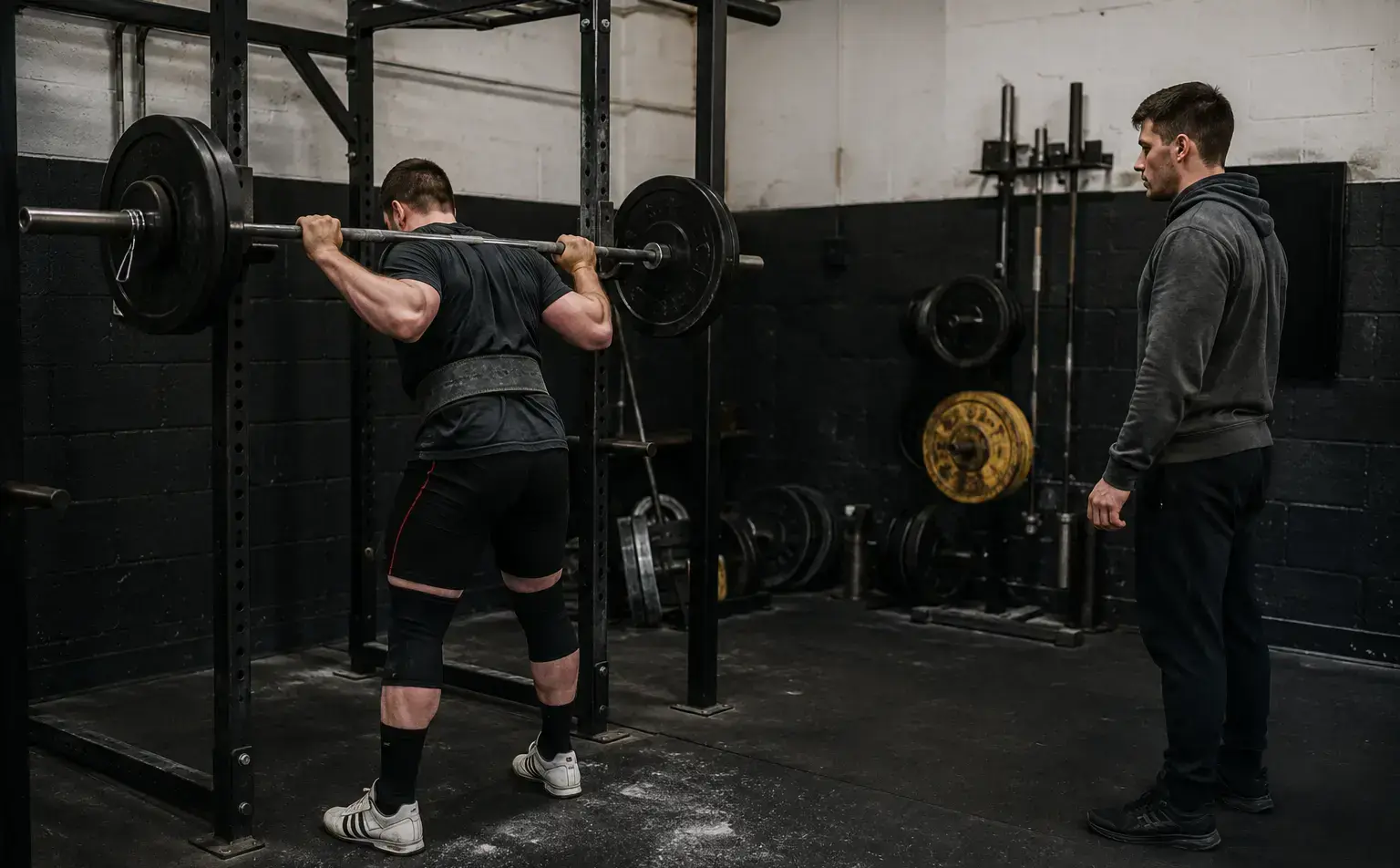 A lifter squatting while a coach watches the set